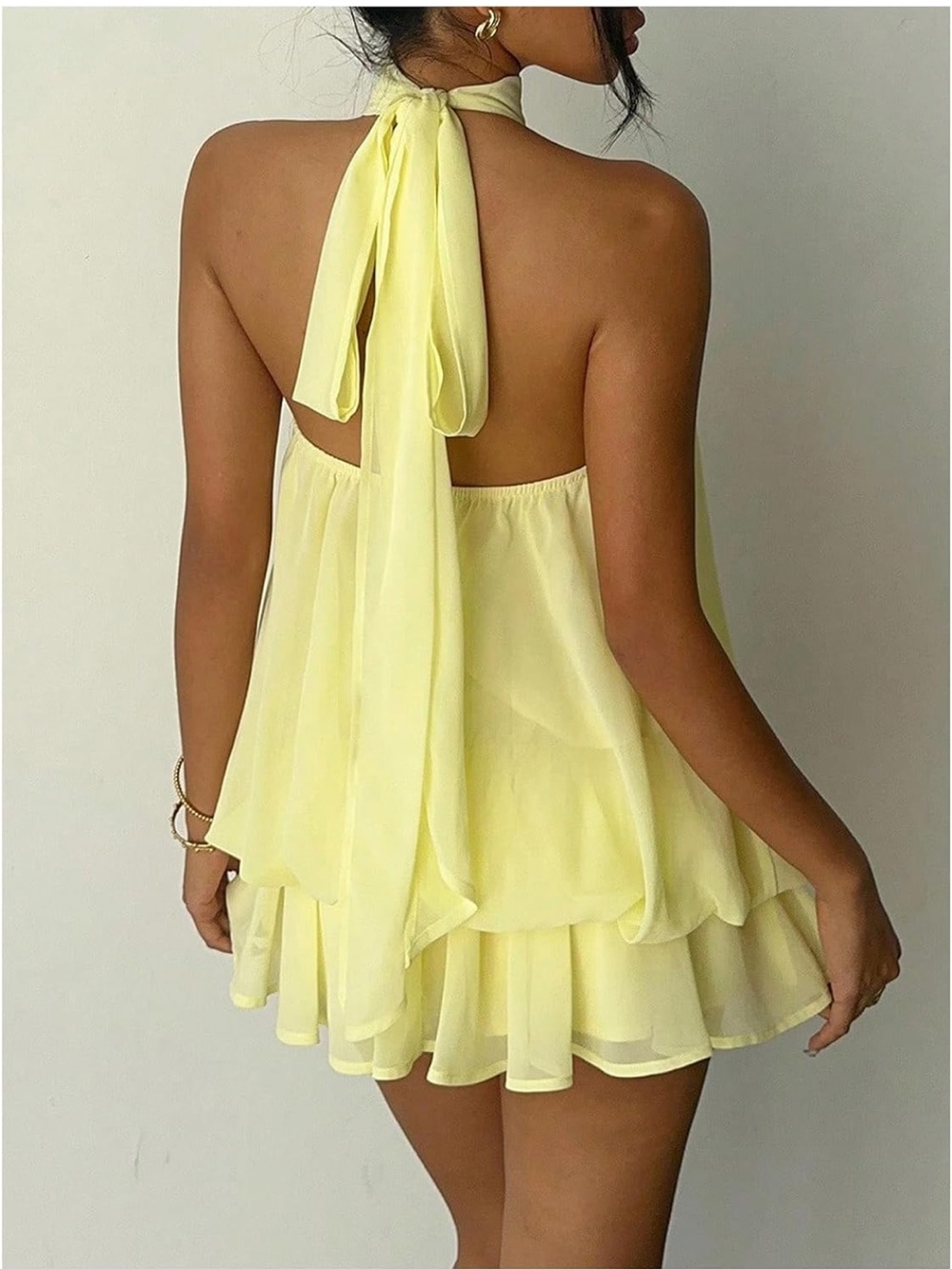 Amazon Pale Yellow Halter Ruffle Mini Dress - Picture 2 of 3